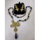 Egyptian revival style lapis lazuli necklace & pair of earrings