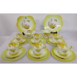 Shelley, yellow Phlox Regent tea set for six, to include milk, sugar and cake plates