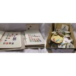 2 stamp albums and shoe box of stamps