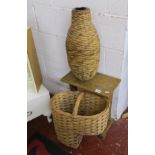 Small oak table, wicker vase and basket