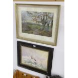 2 watercolours - Rural scene & Ships at sea