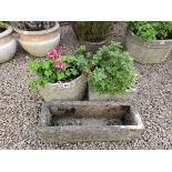 Stone trough and 2 stone planters with contents