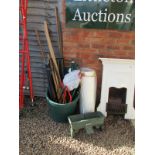 Plastic wheeled garden bin containing a good selection of quality garden tools etc