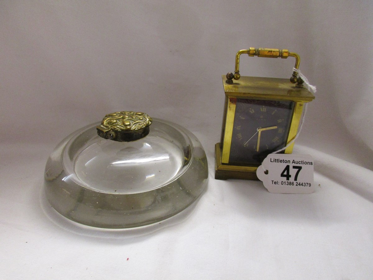 Old glass inkwell and small carriage clock