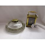 Old glass inkwell and small carriage clock