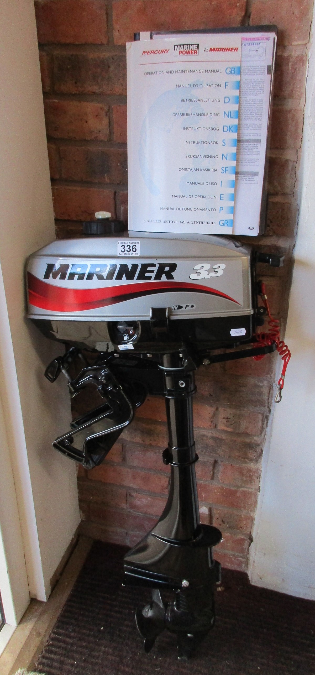 Mercury Mariner outboard motor 3.3 HP (Serial No: OP232265) with paperwork - hardly used