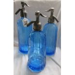 3 vintage blue glass soda syphons