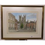 Pen, ink & watercolour - Lincoln Cathedral from Castle Hill, indistinct signature