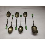 6 silver and enamel teaspoons - 5 & 1