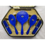 Fine boxed silver and enamel dressing table set