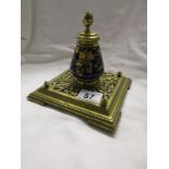 Victorian brass and porcelain inkwell & stand