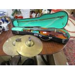 Violin in case & pair of cymbals