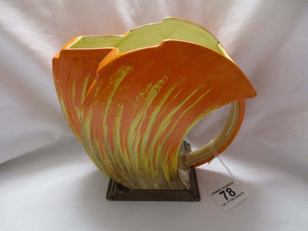 Orange Wade Heath Flaxman Ware Streamline Art Deco Pottery Jug, of crescent shape with an Odeon