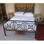 Metal framed double bed & mattress with pair of matching metal/wicker bedside tables