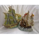 2 hand painted Czechoslovakian ceramic galleons