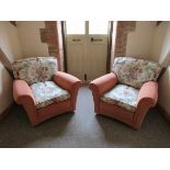 Pair of salmon/floral linen armchairs