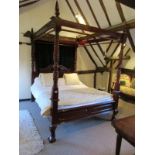 King-size ornate mahogany 4 poster bed & mattress - Approx L: 225cm W: 169cm H: 233cm