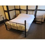 Metal framed double bed & mattress with matching pair of metal/wicker bedside tables