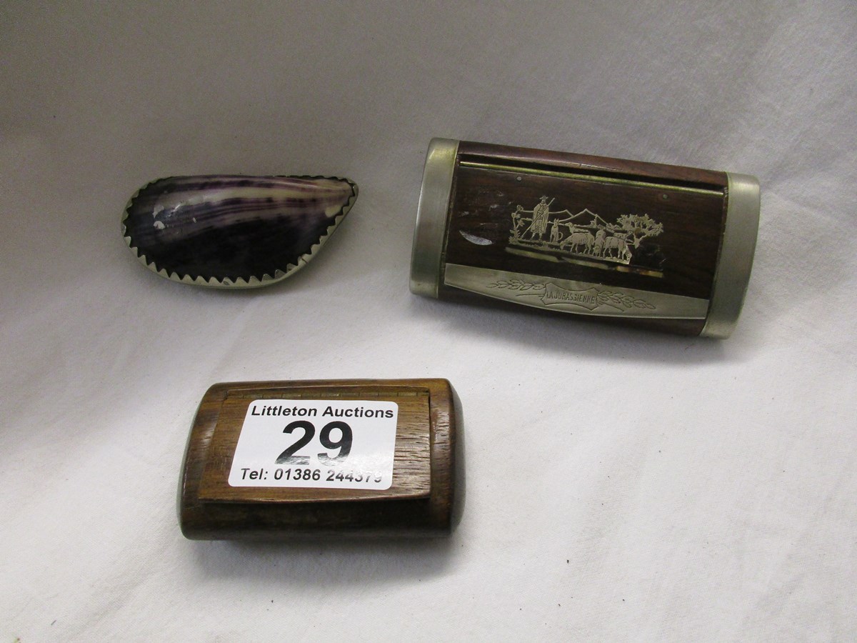3 Snuff boxes to include white metal sea shell