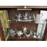2 shelves of silver plate, pewter & brass