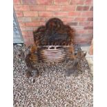 Very large cast iron fire basket with dogs and fire back