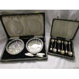 Set of 6 cased silver teaspoons with mother-of-pearl caps & cased preserve set with silver knives