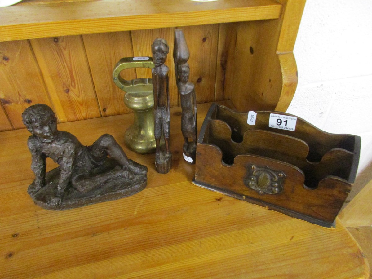 Art Nouveau oak letter rack, brass weight & figures