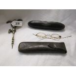 Antique corkscrew, spectacles in leather case etc