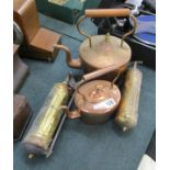 2 copper kettles & 2 vintage extinguishers