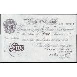 Five pounds Peppiatt white B255 thick paper dated 23rd September 1944 series E19 027214, about UNC