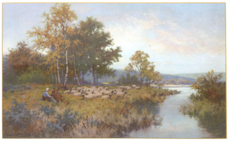 Ernest Stanton (early 20th century),
a couple reclining beside their sheep and a river,
signed,