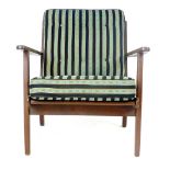 A 1970's teak framed armchair with striped loose cushions on square straight legs