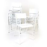 A set of eighteen 1960's white painted bent ply and steel framed stacking classroom-type chairs