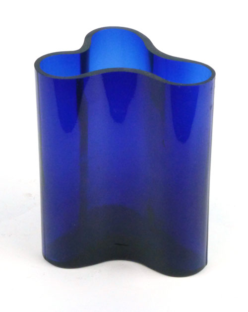 A 1970's blue glass vase of triangular-organic form, h.