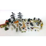 A selection of lead farm yard animals and figures to include fences, scenery, cows, shire horse,