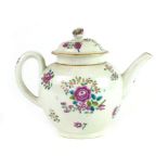 An 18th century teapot, the flower and leaf handle over a florally painted body, possibly New Hall,