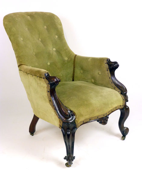 A Victorian Rosewood and green velvet button back upholstered salon chair, - Image 2 of 2