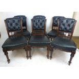 A set of six Edwardian mahogany and black leather upholstered dining chairs,