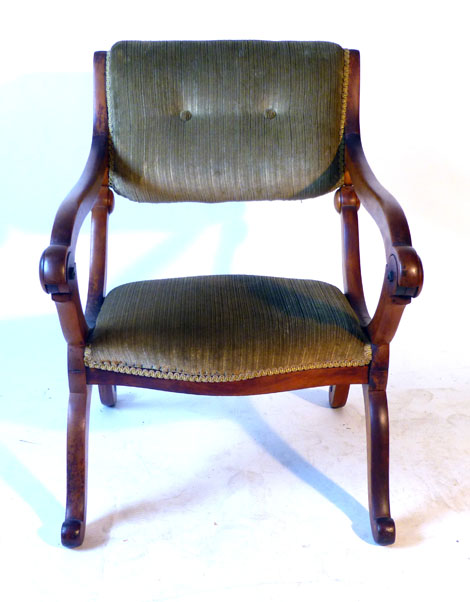 A Victorian satin birch metamorphic X-framed arm chair converting to a prayer chair with green