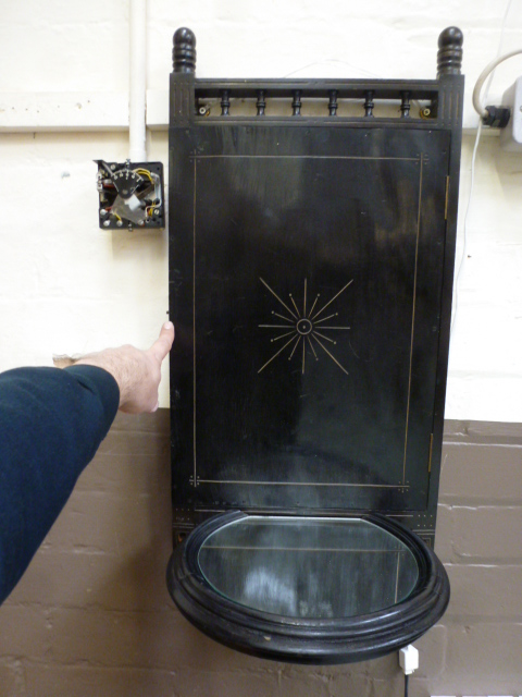 An ebonised and parcel gilt Aesthetic Movement triptych wall mirror with mirrored shelf to base, h. - Image 4 of 4