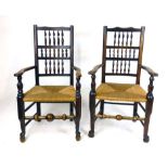 A 19th century harlequin set of six elm and possibly alder spindle back chairs with rush seats,