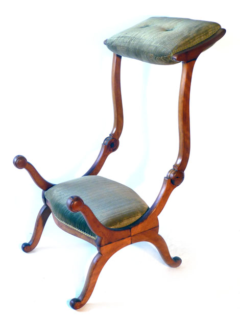 A Victorian satin birch metamorphic X-framed arm chair converting to a prayer chair with green - Image 5 of 5