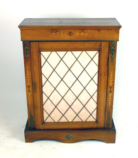 A 19th century walnut, marquetry and brass mounted vitrine with cupboard door,