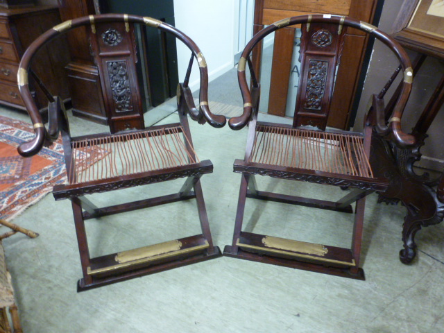 A pair of Chinese padouk and brass mounted folding chairs, - Image 2 of 6