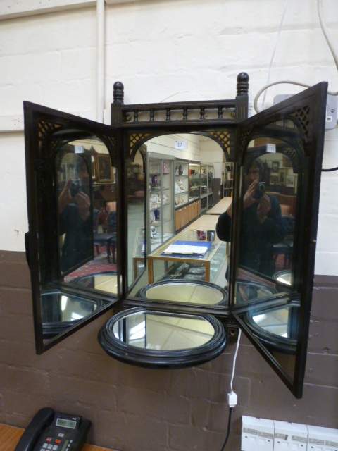An ebonised and parcel gilt Aesthetic Movement triptych wall mirror with mirrored shelf to base, h. - Image 2 of 4