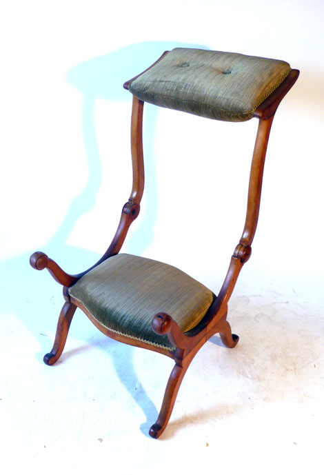 A Victorian satin birch metamorphic X-framed arm chair converting to a prayer chair with green - Image 4 of 5