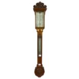 A 19th century oak and bevel glass stick barometer, with carving and turned ivory knobs,