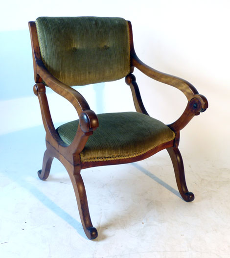 A Victorian satin birch metamorphic X-framed arm chair converting to a prayer chair with green - Image 2 of 5