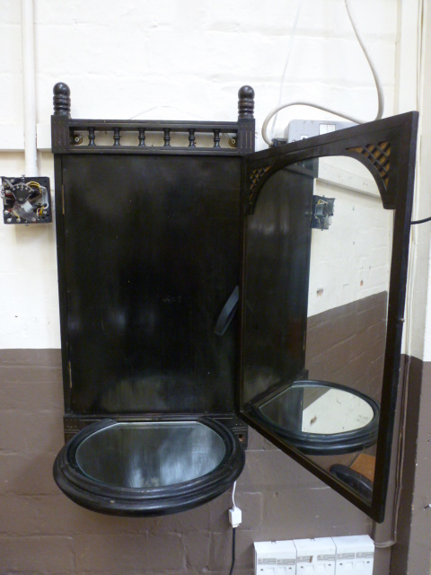 An ebonised and parcel gilt Aesthetic Movement triptych wall mirror with mirrored shelf to base, h. - Image 3 of 4