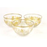 A set of three 19th century florally etched and gilt decorated glass bowls,